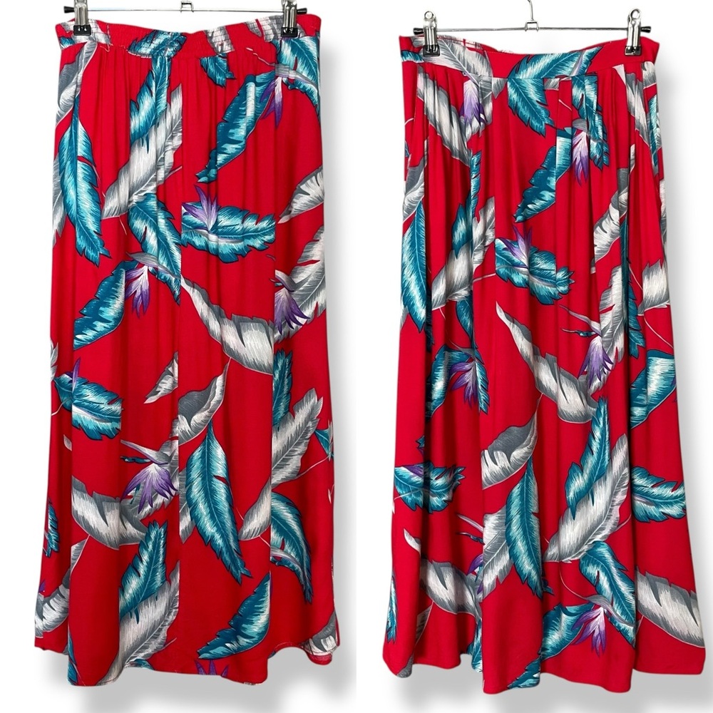 Vintage Skirt Tropical Hawaiian Palm Leaves Red Midi Women Medium Rayon Vacation